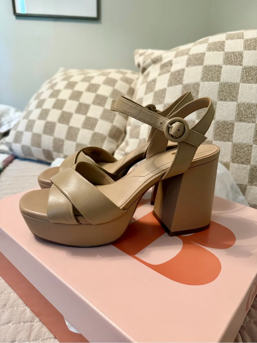 Platform Block Heel Sandals in Beige
